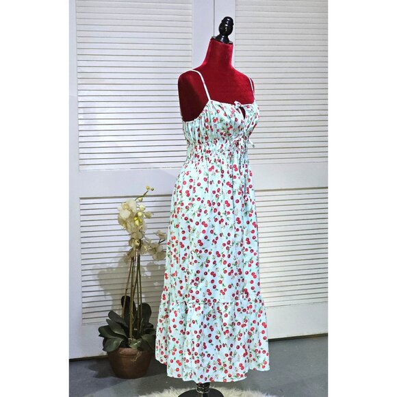 AQUA Women's Cherry Print Spaghetti Straps  Tiered Skirt Midi Dress Size L 2801 - Picture 3 of 11